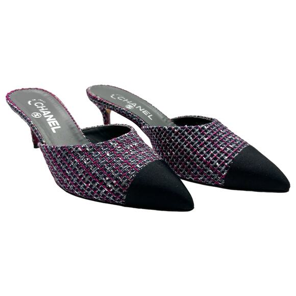 CHANEL Tweed Grosgrain CC Mules EU 38 US 7.5-8 Black Purple Pointed Toe Heels - Picture 2 of 15